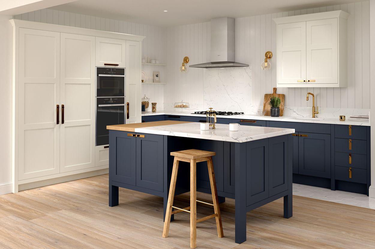 Blue shaker kitchen design with cream cabinet finish
