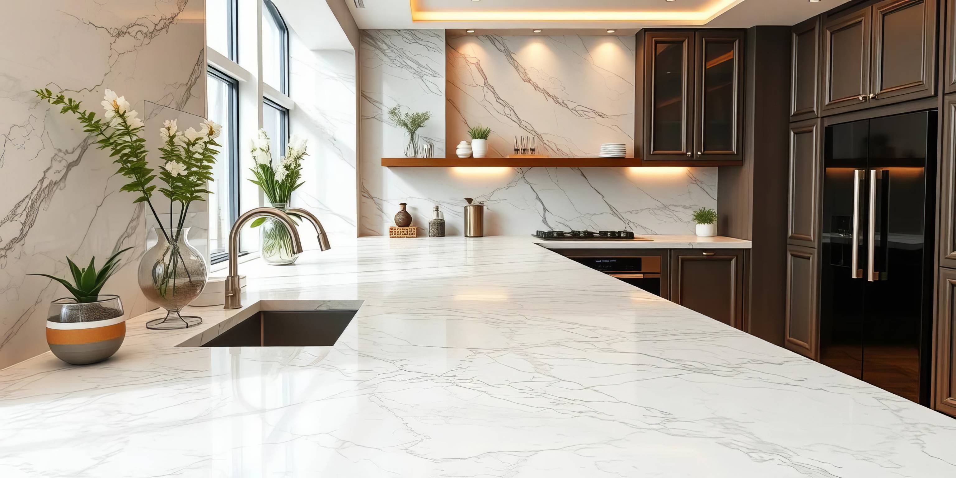 Image showing granite worktop surface in a compact kitchen