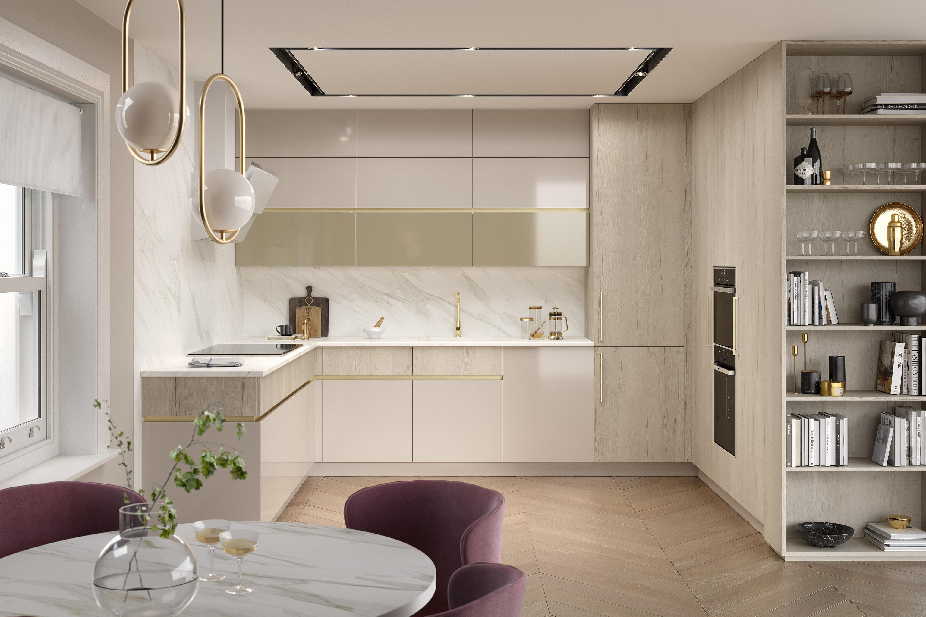 Contemporary kitchen design with a light wood panel effect